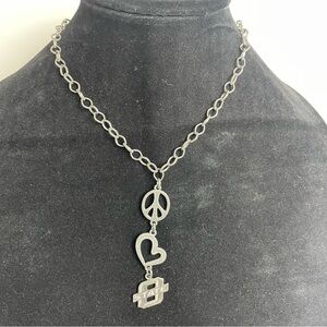 Peace, Love and O-State Pewter Tone Lariat Necklace